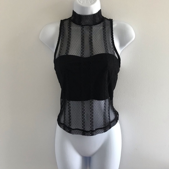Dynamite Lace Sheer Choker Mock Neck Black Sleeveless Top with Camisole Tube Top - Picture 2 of 16